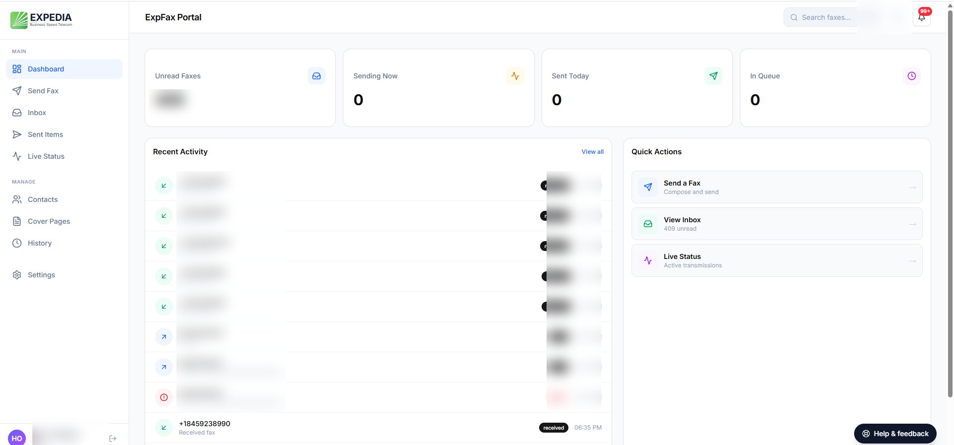 ExpFax Command Center dashboard showing fax activity, inbox, sent items, contacts, cover pages, history, and live status